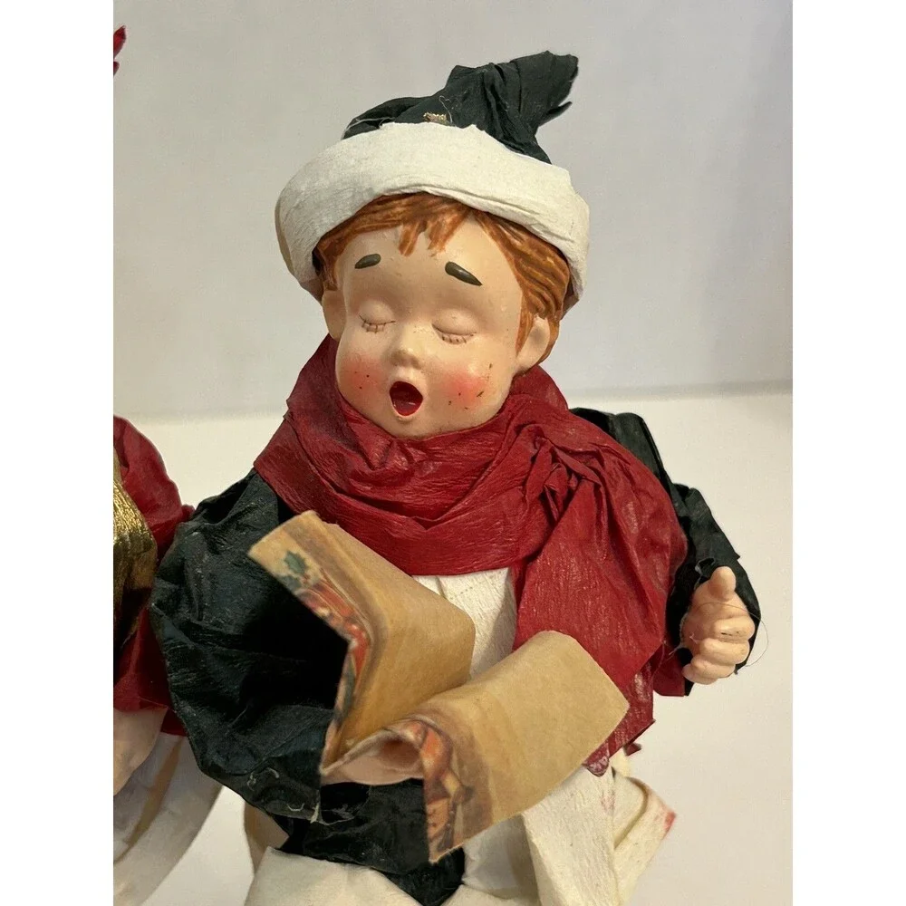 Vintage Paper Mâché Choir Boys Wood Base Christmas Decor Holiday Music Red Green